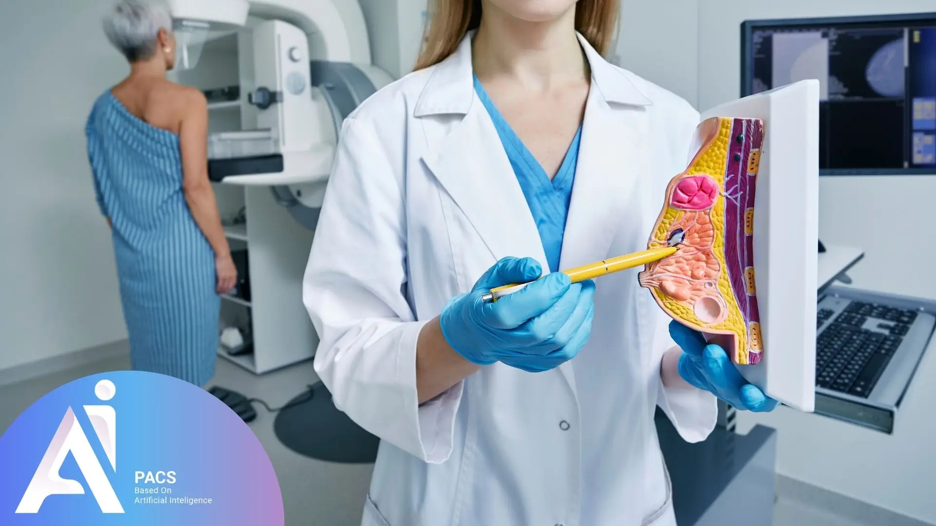 a woman in a white coat holding a model of the human breast lesions 