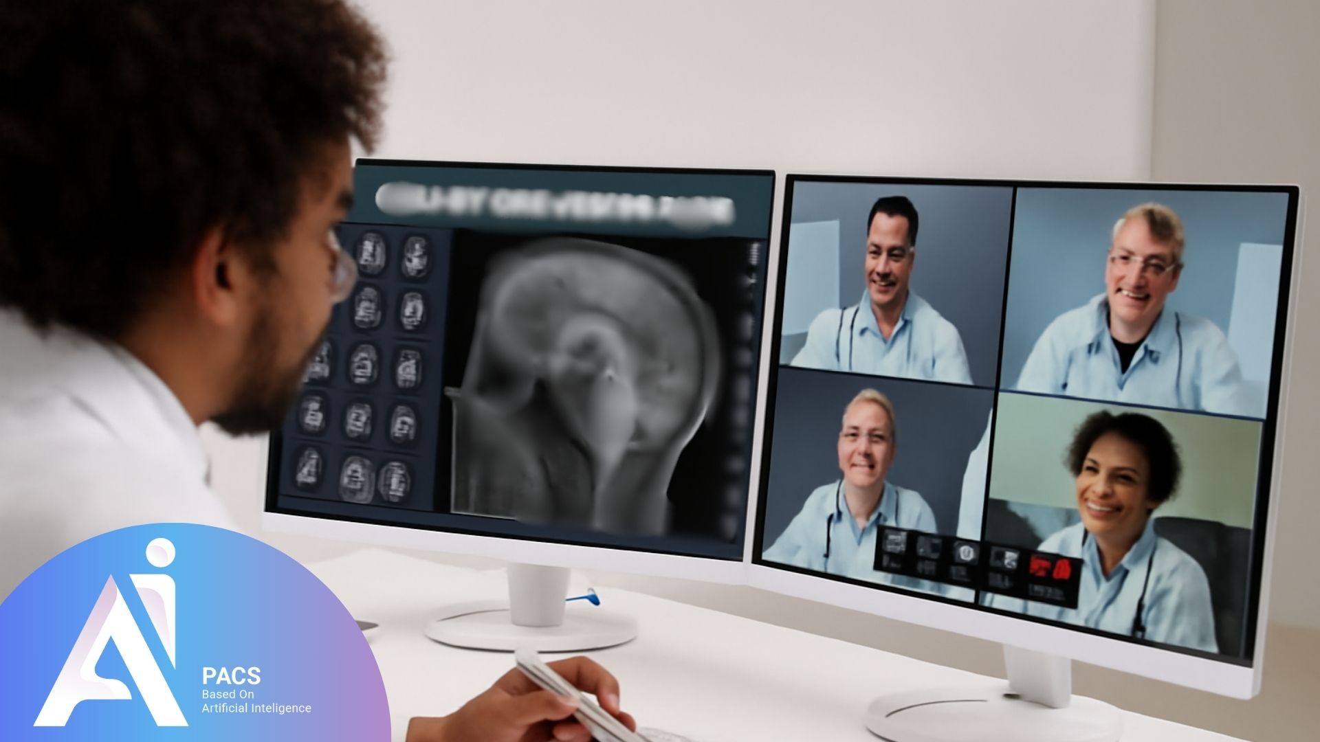 Un professionnel de la santé regarde un scanner sur un écran d'ordinateur pendant une consultation vidéo avec plusieurs médecins, illustrant l'importance de demander un deuxième avis en ligne pour des examens médicaux à distance.