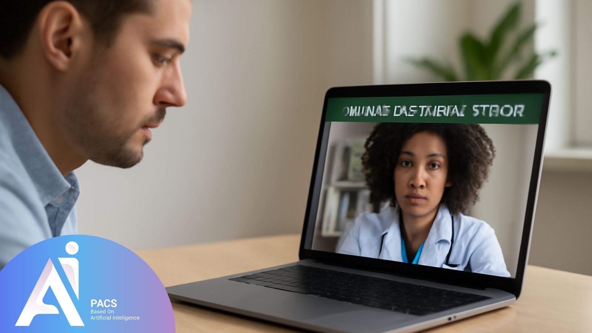 Un homme regarde un écran d'ordinateur pendant une consultation en ligne avec une médecin, illustrant l'importance de la télémédecine dans la demande de deuxième avis médical.