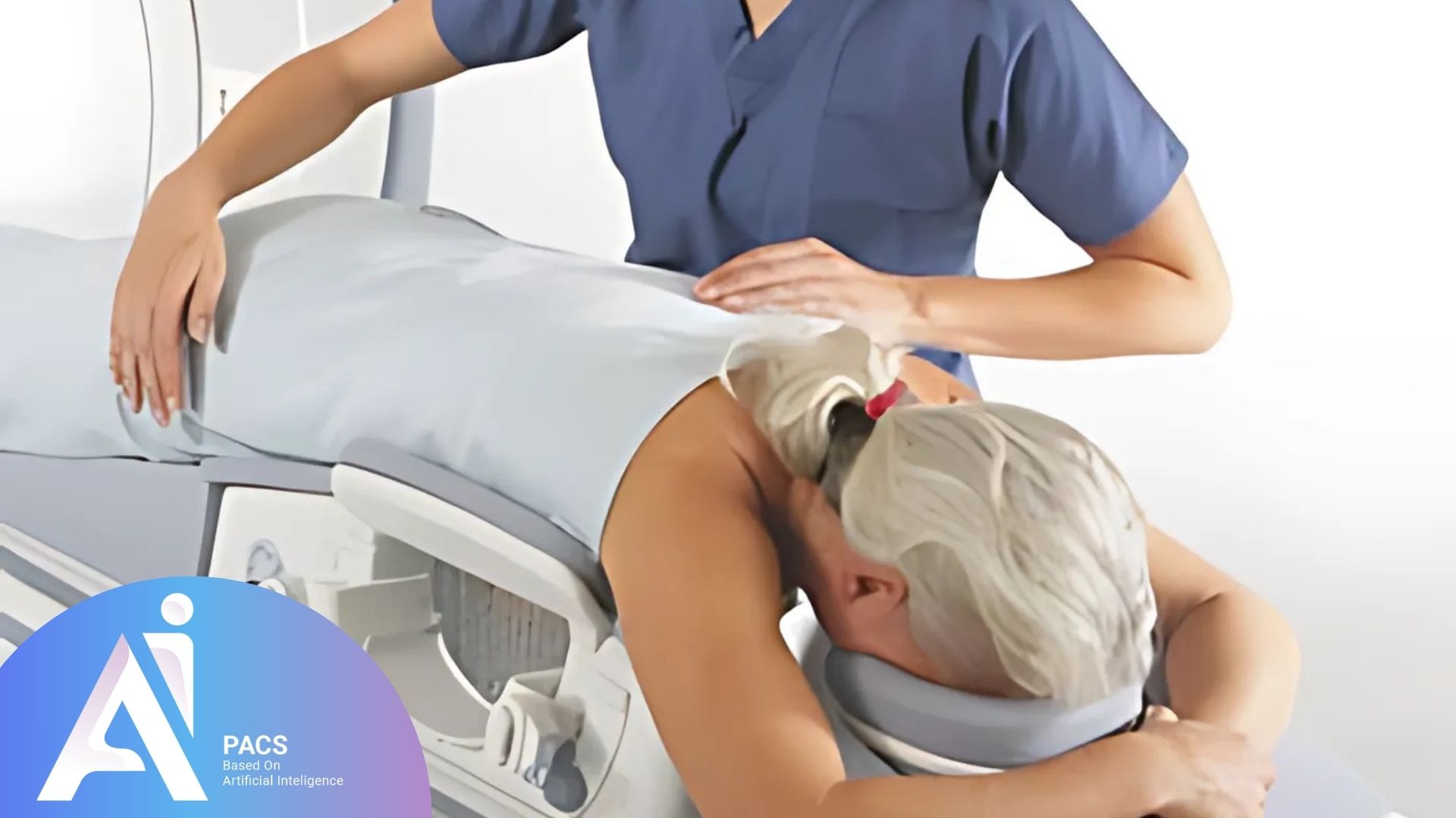 A patient being positioned for a breast MRI scan, laying on a table with a breast coil in place for proper imaging. A healthcare professional assists the patient to ensure correct alignment for accurate results.