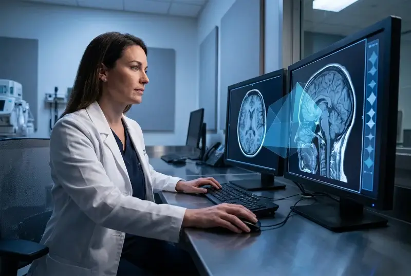 Radiologist reviewing brain MRI images on a PACS workstation with AI-assisted analysis tools