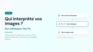 Schema : votre examen d imagerie est examine par des radiologues, qui preparent ensuite votre compte rendu ; l IA est indiquee comme simple outil d appui.