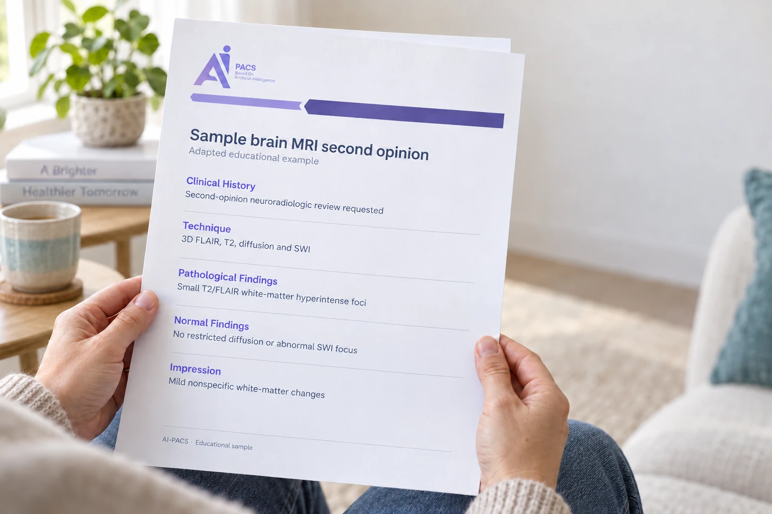 Illustration of an anonymous person holding an AI-PACS sample brain MRI second opinion report