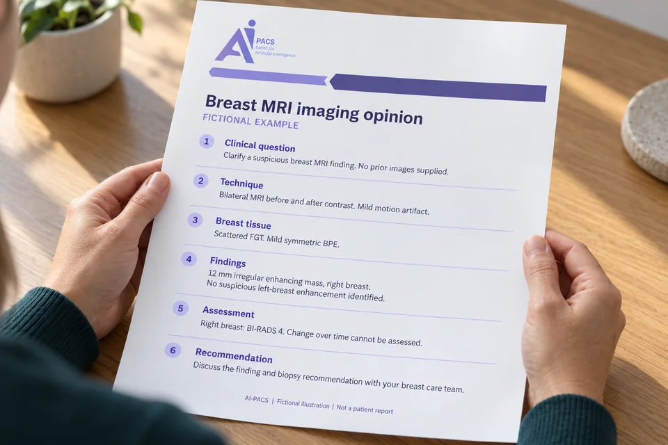 Illustration of anonymous hands holding an AI-PACS breast MRI opinion with a fictional suspicious-finding example