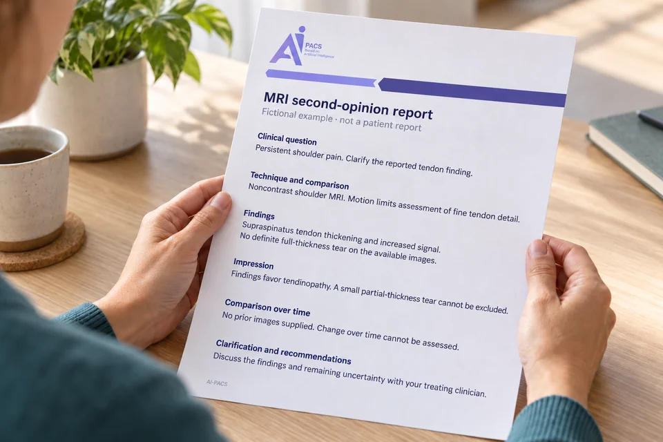 Illustration of a patient holding an AI-PACS written MRI second opinion, with a fictional shoulder example